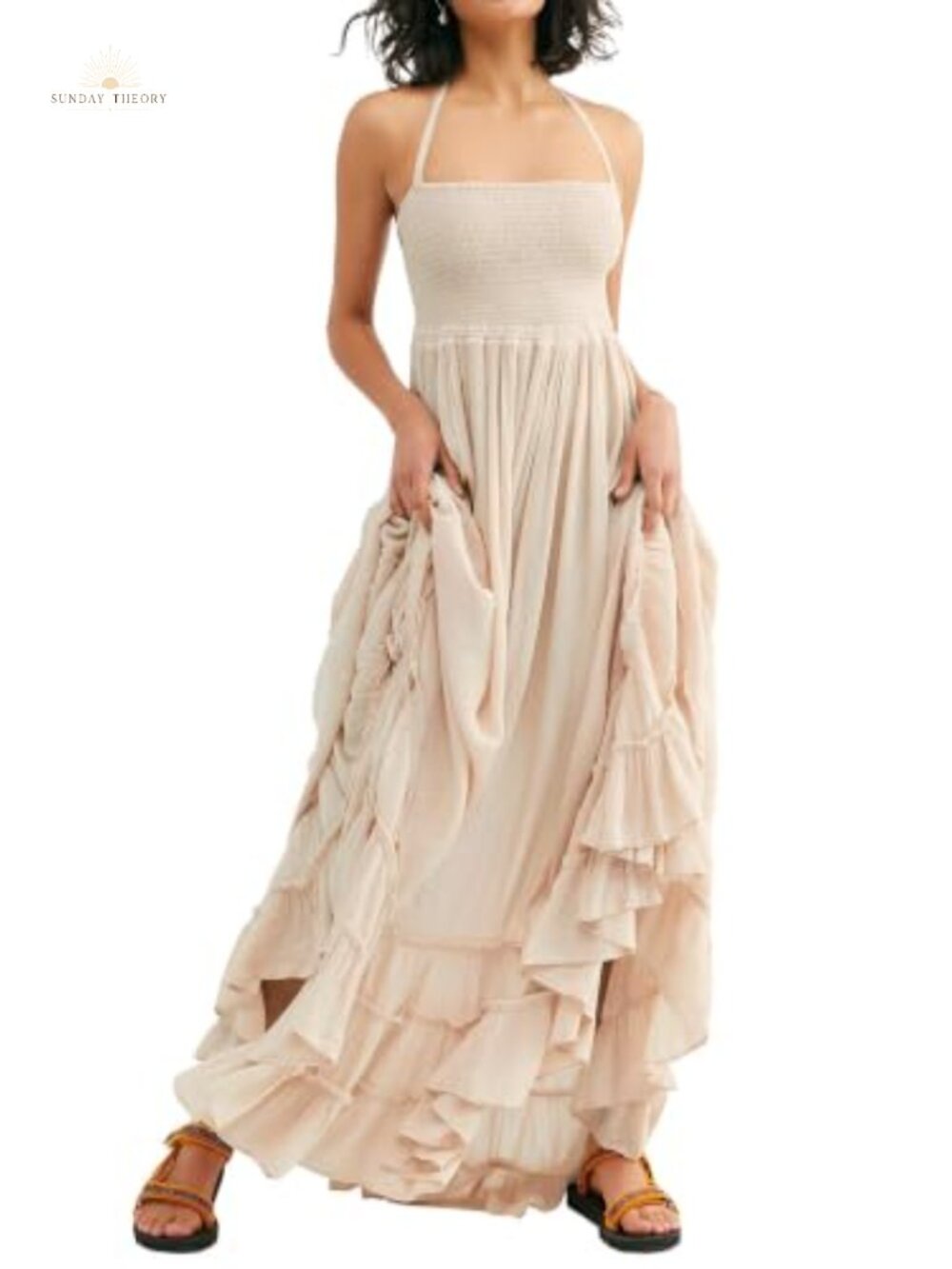 Cotton Rayon Halter Maxi Dress Backless Ruffle Hem Summer